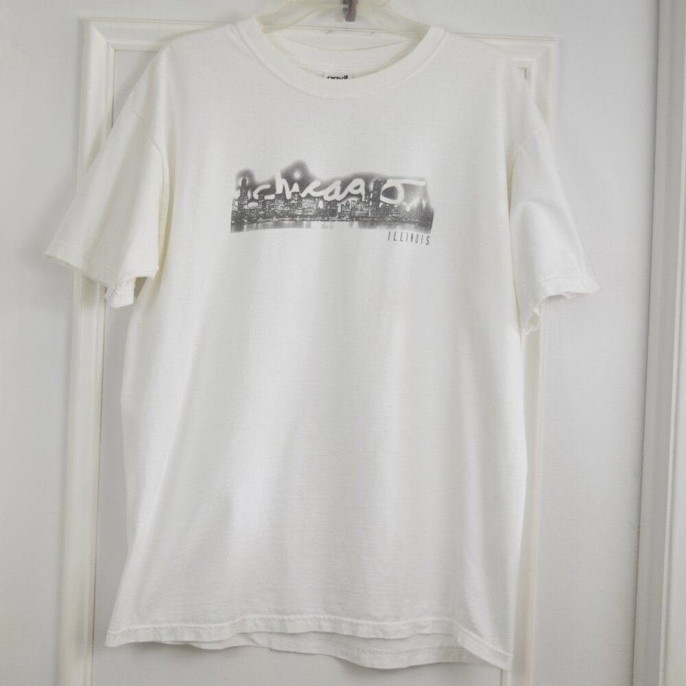 VTG Chicago Skyline T Shirt Men Large Unisex Anvil Cotton Black White USA City